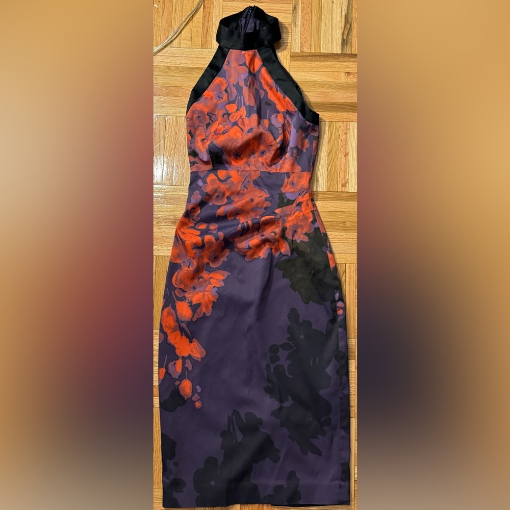 Karen Millen Dress Halter Floral Satin Cocktail Size 2 US